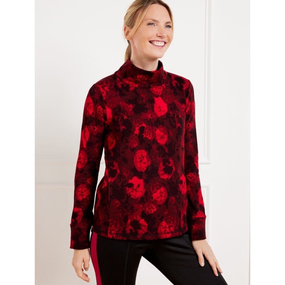 T by Talbots Womens‎ Modal Red Black Floral Rose Mock Neck Pullover Top MP